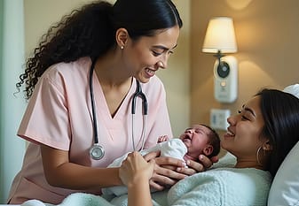 Home 10 Healthcare professional with mother and child